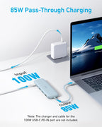 Anker USB C hub with 5-in-1 ports, HDMI splitter, and data connections for MacBook Pro and Dell devices.