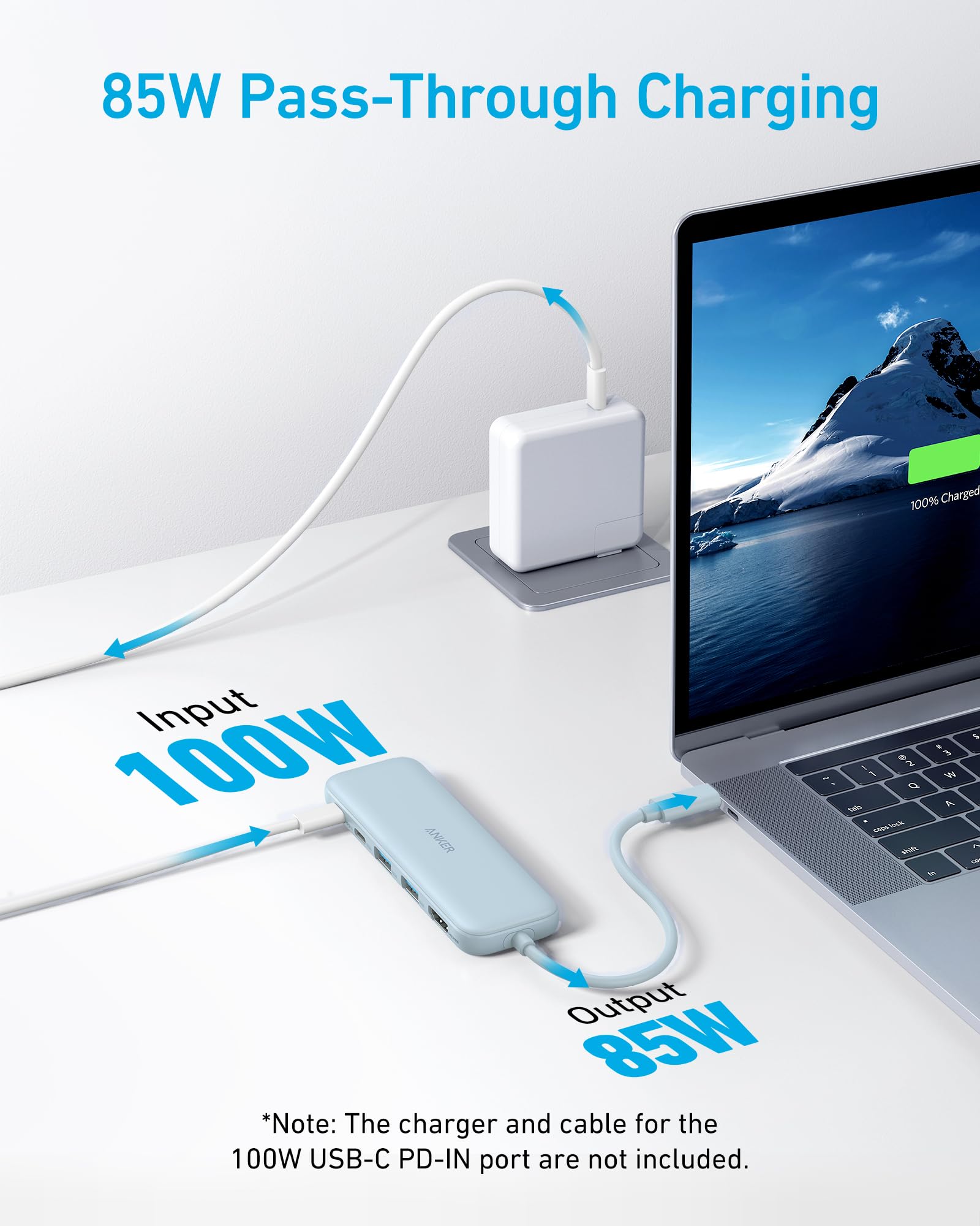 Anker USB C hub with 5-in-1 ports, HDMI splitter, and data connections for MacBook Pro and Dell devices.