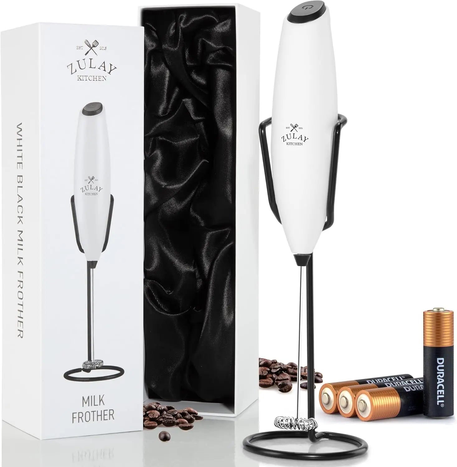 Zulay handheld electric milk frother in silver, featuring an upgraded titanium motor for frothing coffee and lattes.