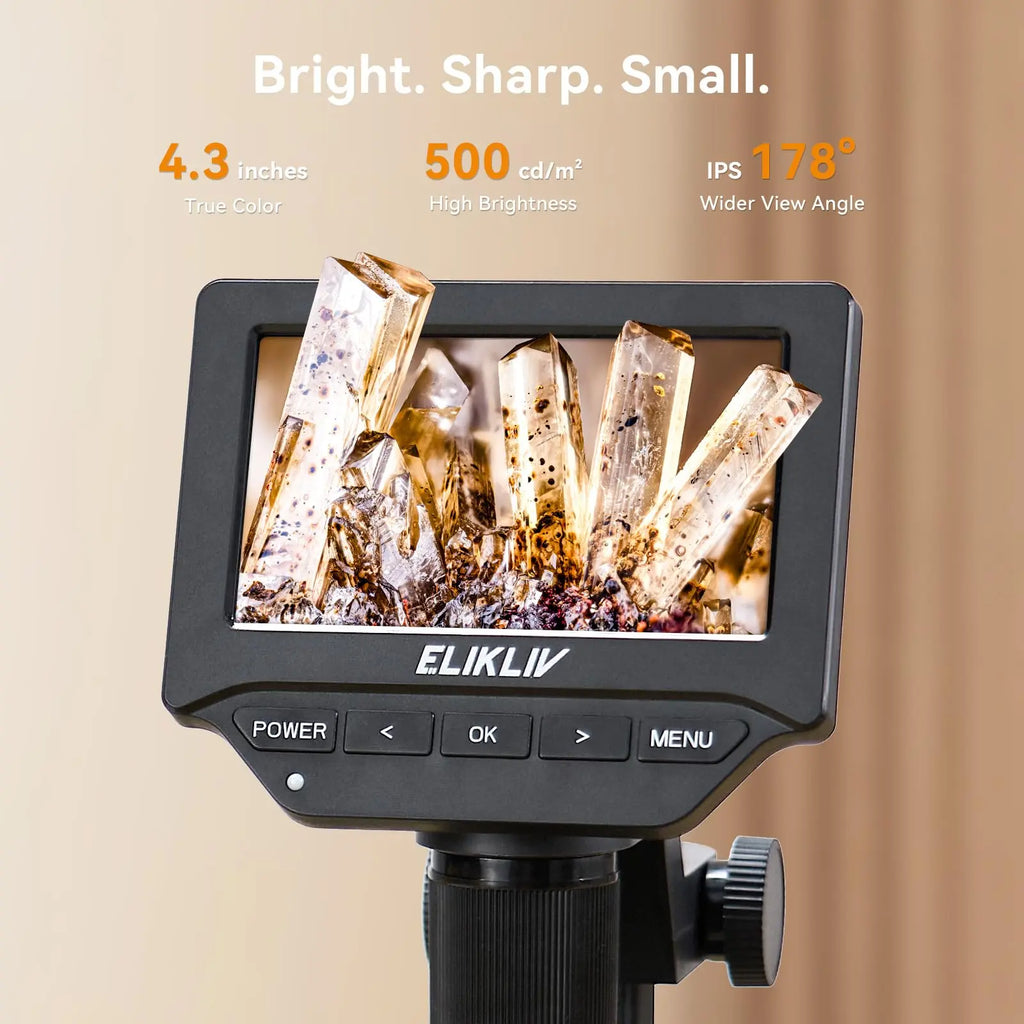 Elikliv LCD digital coin microscope with 1000x magnification and 8 adjustable LED lights, 4.3-inch screen.