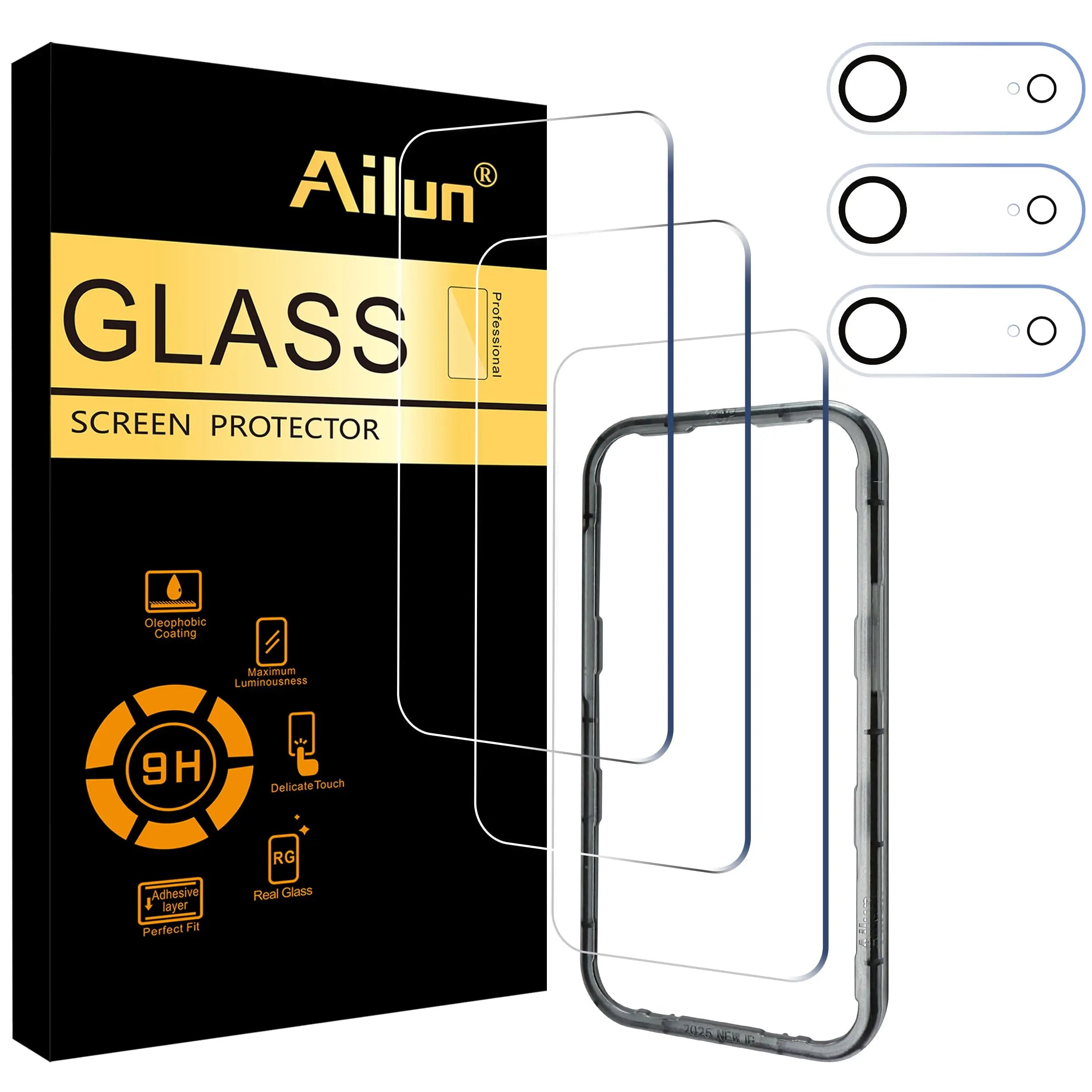Ailun 3 pack screen protector and camera lens protector for iPhone 17 Pro Max, featuring installation frame and case compatibility.