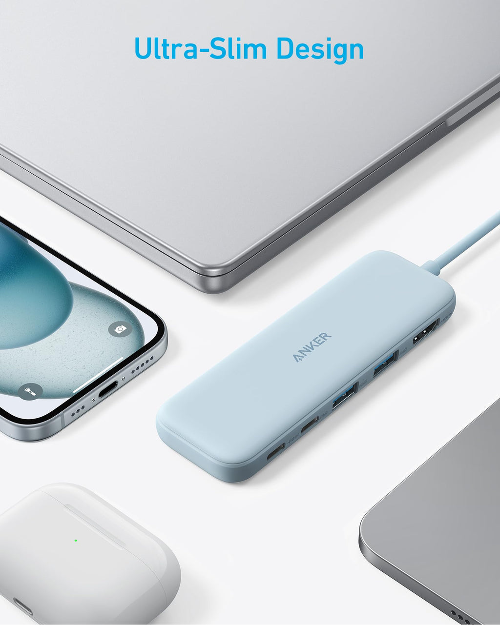 Anker 5-in-1 USB C hub with HDMI splitter, USB-C and USB-A ports for MacBook Pro and Dell devices.