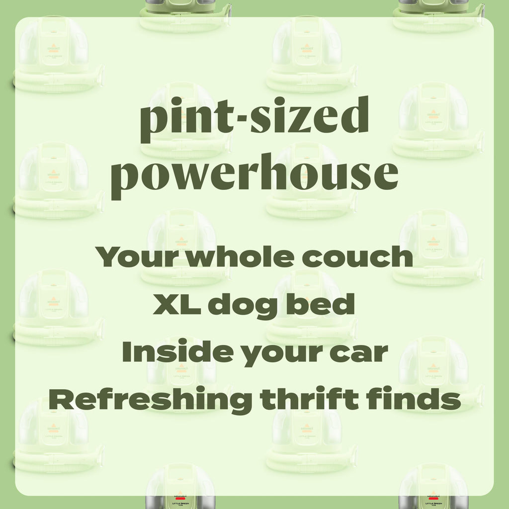 BISSELL Little Green Mini Portable Carpet Cleaner in Tea Green with HydroRinse Tool and Tough Stain Tool on display.