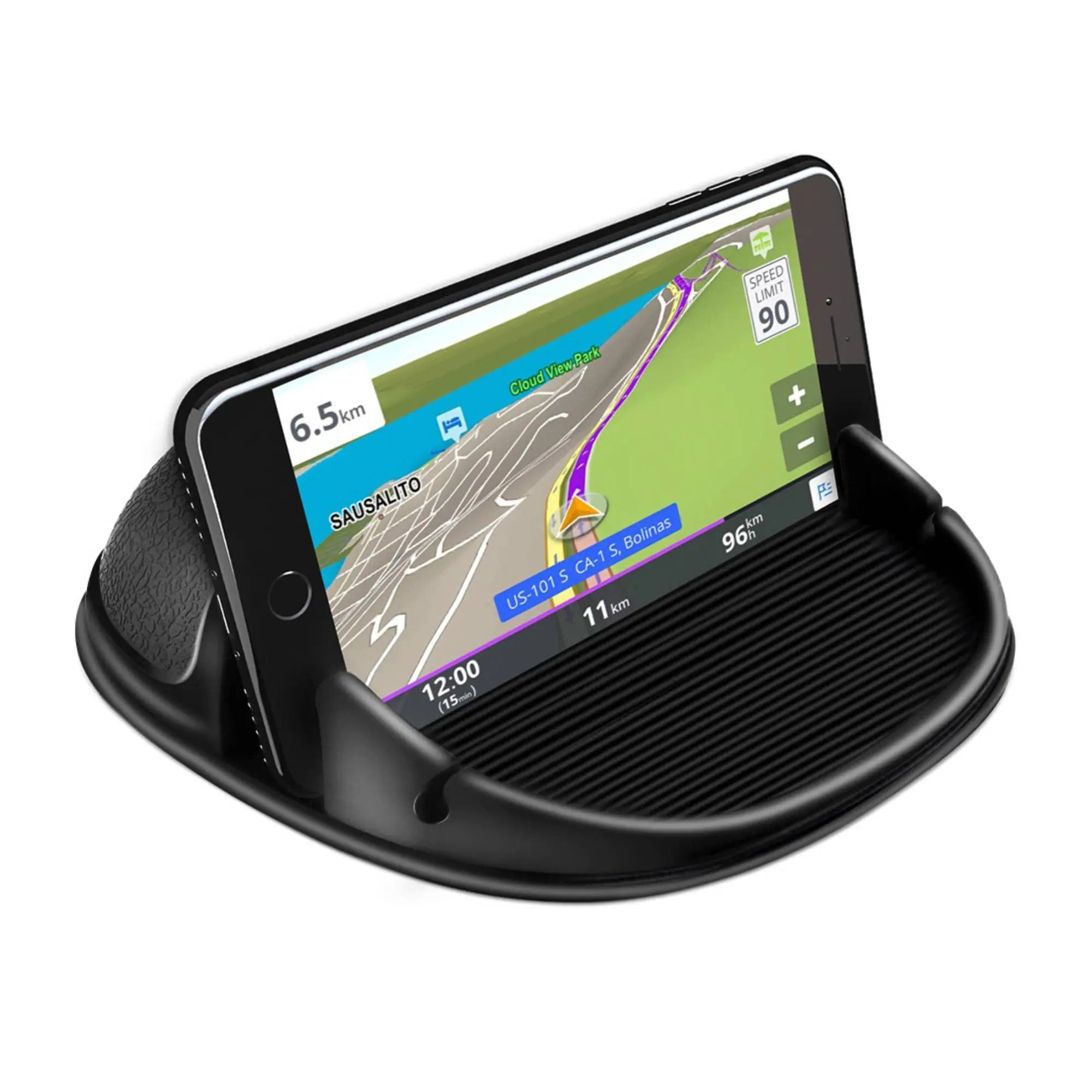 Black Loncaster car phone holder on a dashboard, securely holding an iPhone and GPS devices with a slip-free silicone design.
