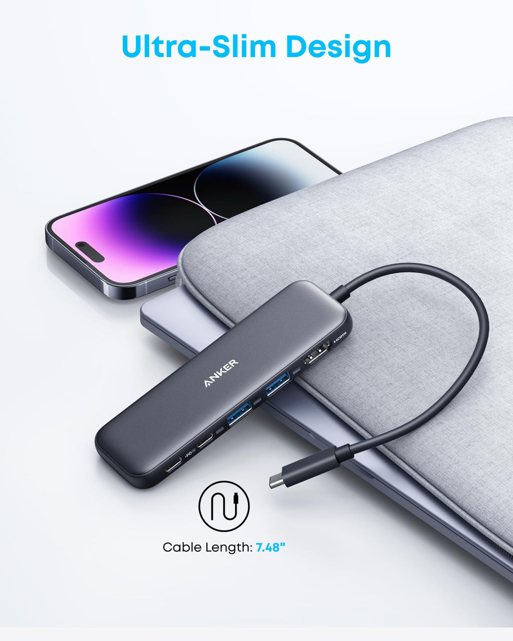 Anker 5-in-1 USB C hub with HDMI splitter, powered USB-C and USB-A ports, ideal for MacBook Pro and Dell laptops.