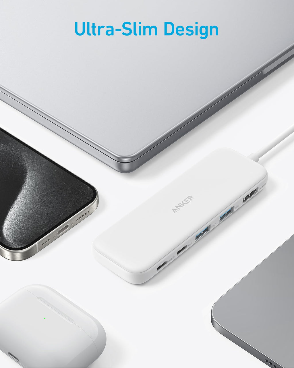 Anker USB C hub with 5 ports, including HDMI and USB-A, designed for MacBook Pro, Air, and Dell laptops.