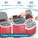 EUHOMY portable ice maker machine in black, featuring a handle, basket, and scoop, producing 26lbs of ice in 24 hours.