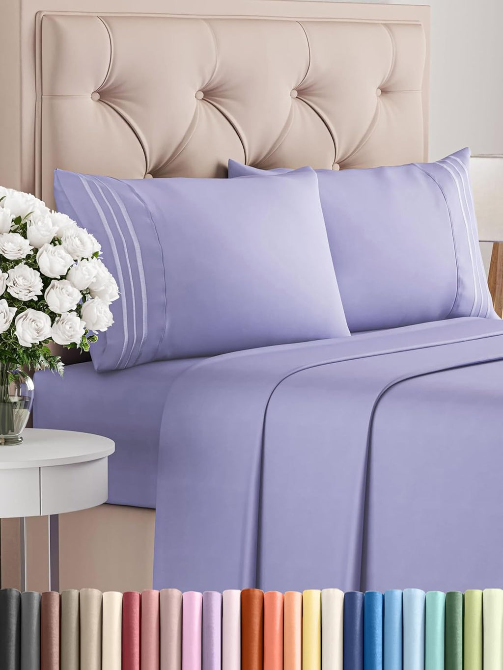 CGK Unlimited 4 piece white sheet set featuring deep pockets, soft fabric, and wrinkle-free design for queen beds.