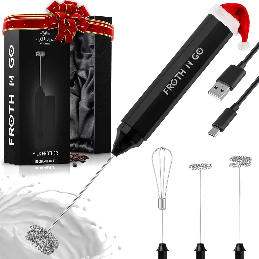 Zulay handheld milk frother in silver, featuring an upgraded titanium motor, ideal for lattes and matcha drinks.