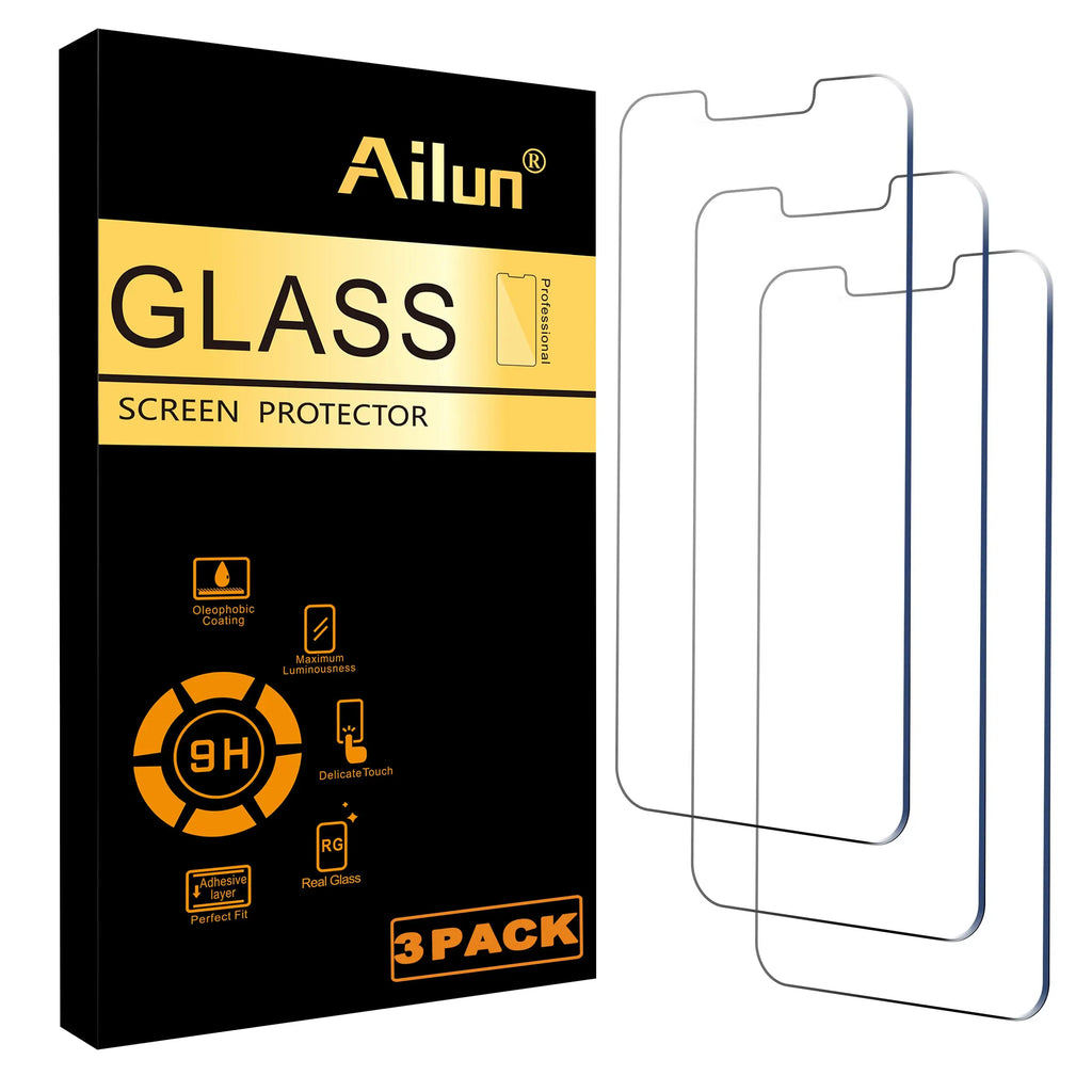 Ailun tempered glass screen protector for iPhone 15 and 16, 3-pack, displaying dynamic island compatibility and case-friendly design.