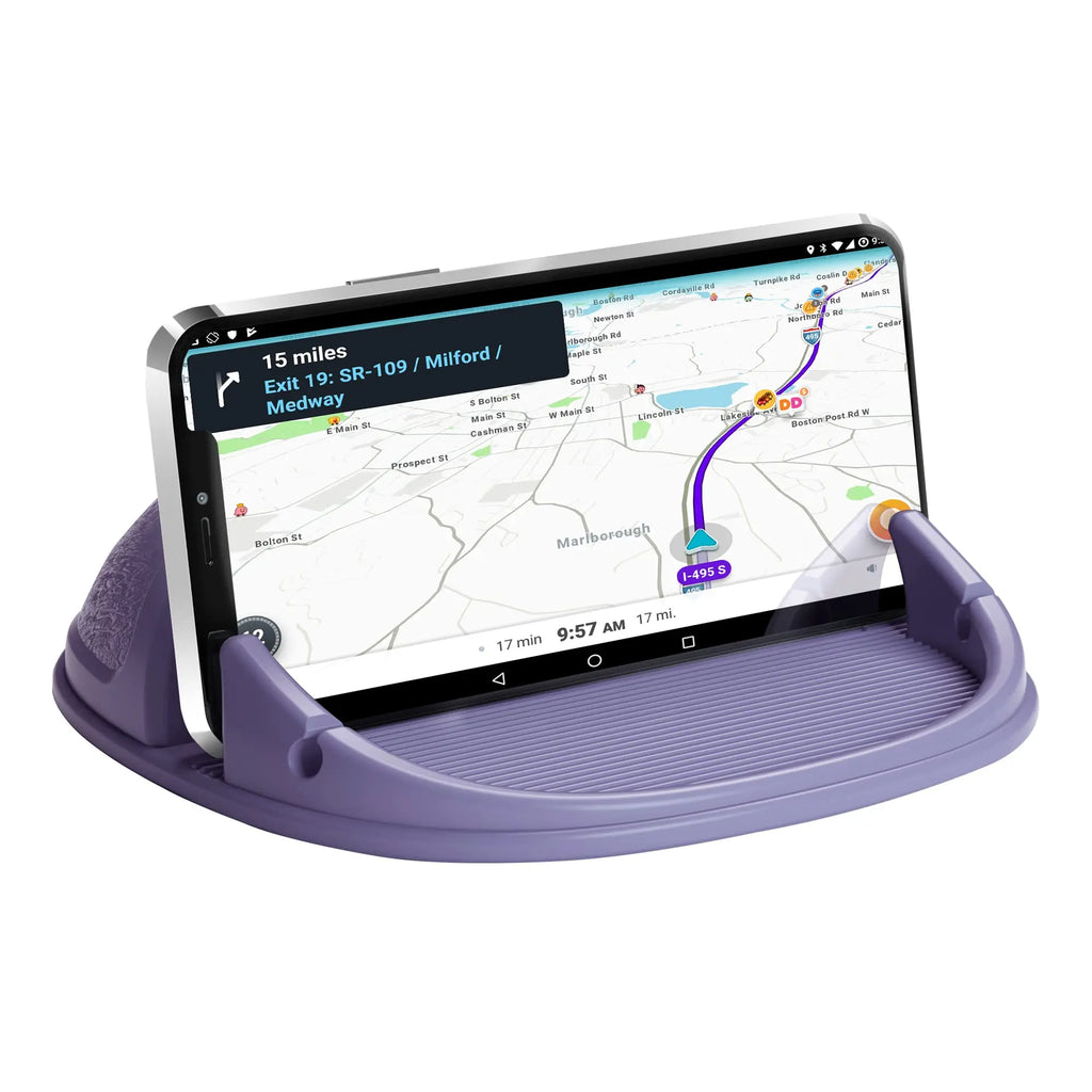 Black Loncaster car phone holder, silicone pad mount for smartphones and GPS on various dashboards and desks.