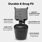 WeatherTech CupFone mounted in a car cup holder, securely holding a smartphone with adjustable plastic knobs.