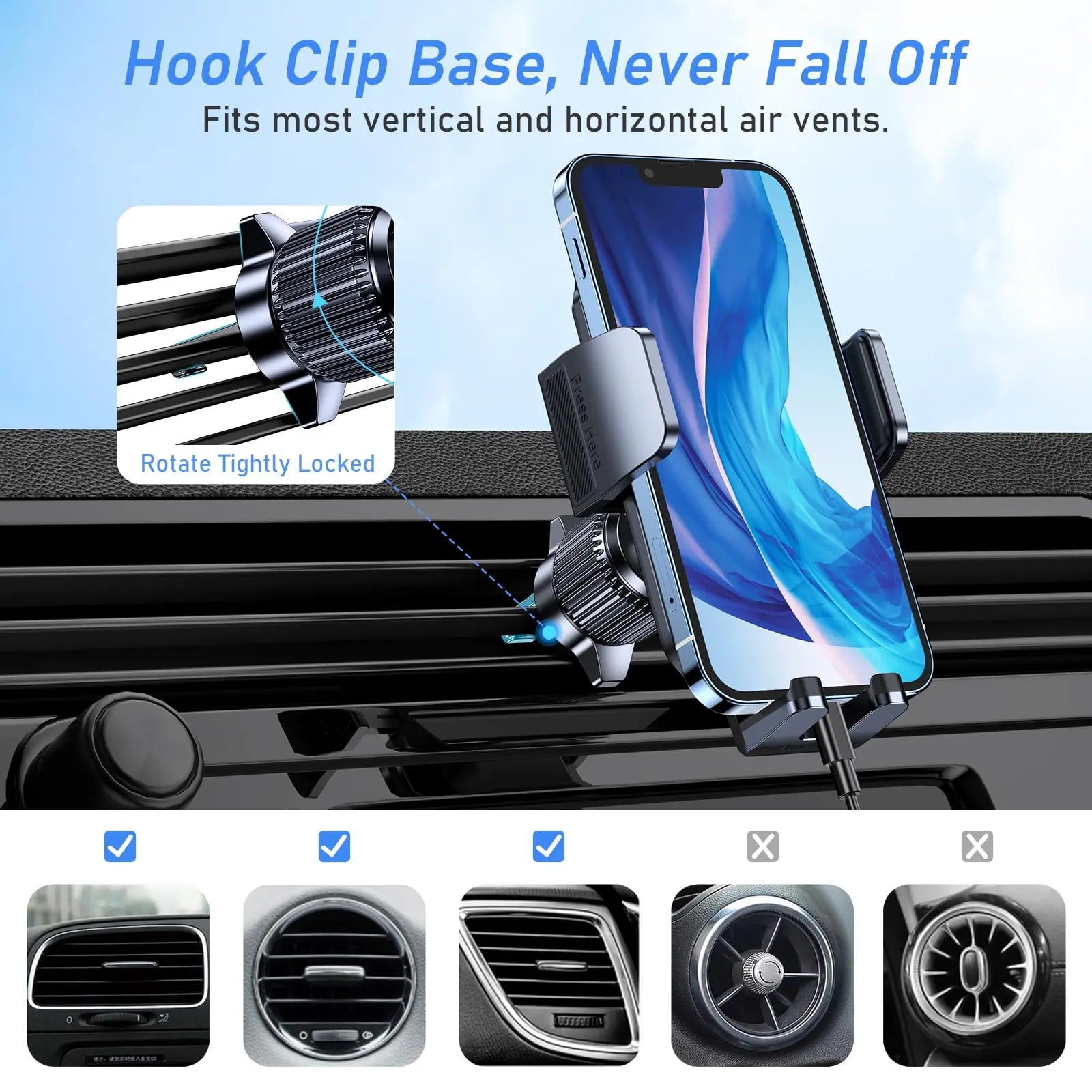 Blukar car phone holder mount with metal hook clip, 360° rotation, and one-button release for smartphones.