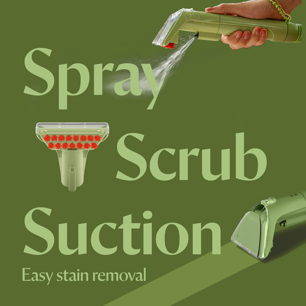 BISSELL Little Green Mini Portable Carpet Cleaner in Tea Green with HydroRinse tool and 4" Tough Stain Tool.