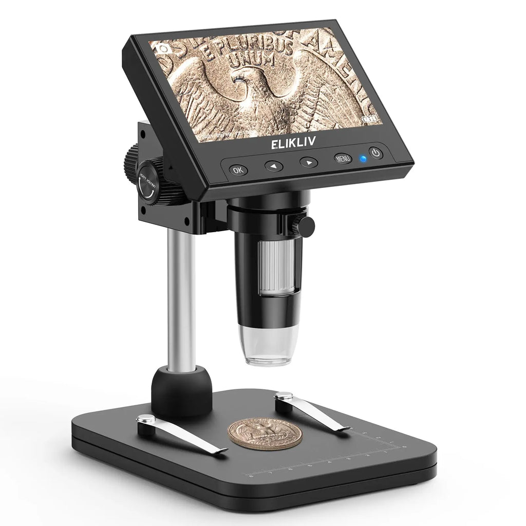 Elikliv LCD digital coin microscope with 1000x magnification, 8 LED lights, and 4.3-inch display for detailed viewing.