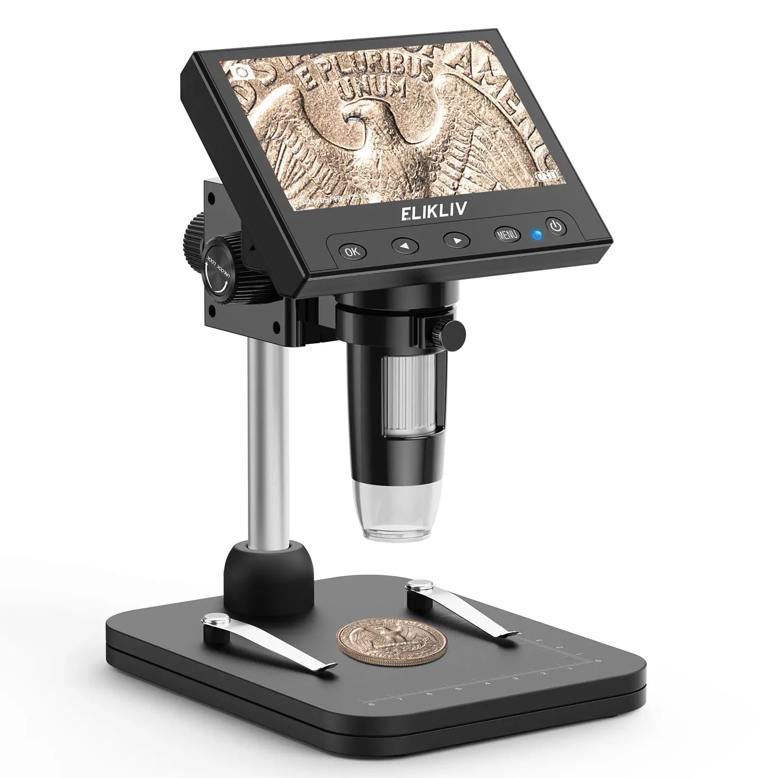 Elikliv LCD digital coin microscope with 1000x magnification, 8 LED lights, and 4.3-inch display for detailed viewing.