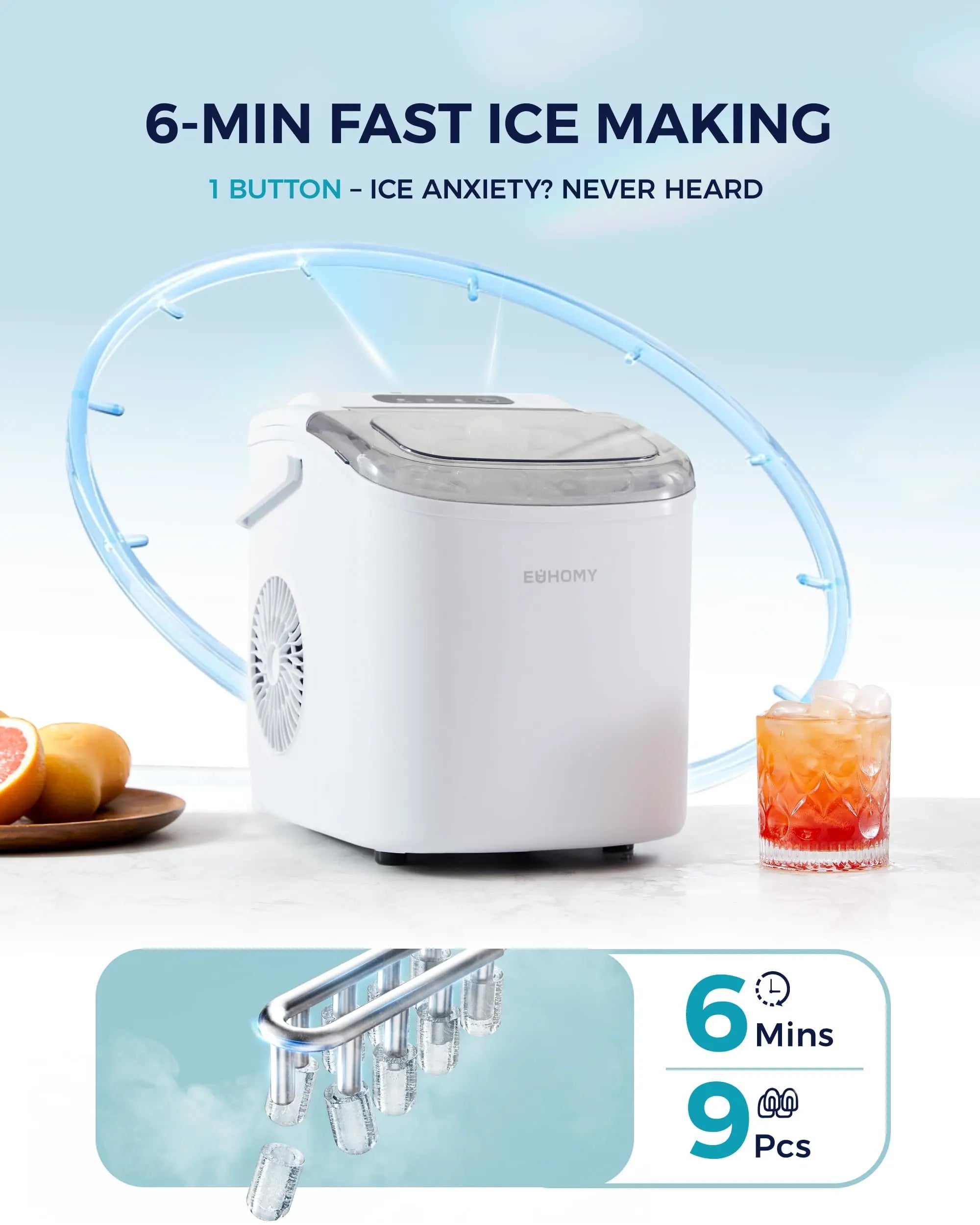 EUHOMY black countertop ice maker machine with handle, producing 26lbs of ice daily, includes basket and scoop.