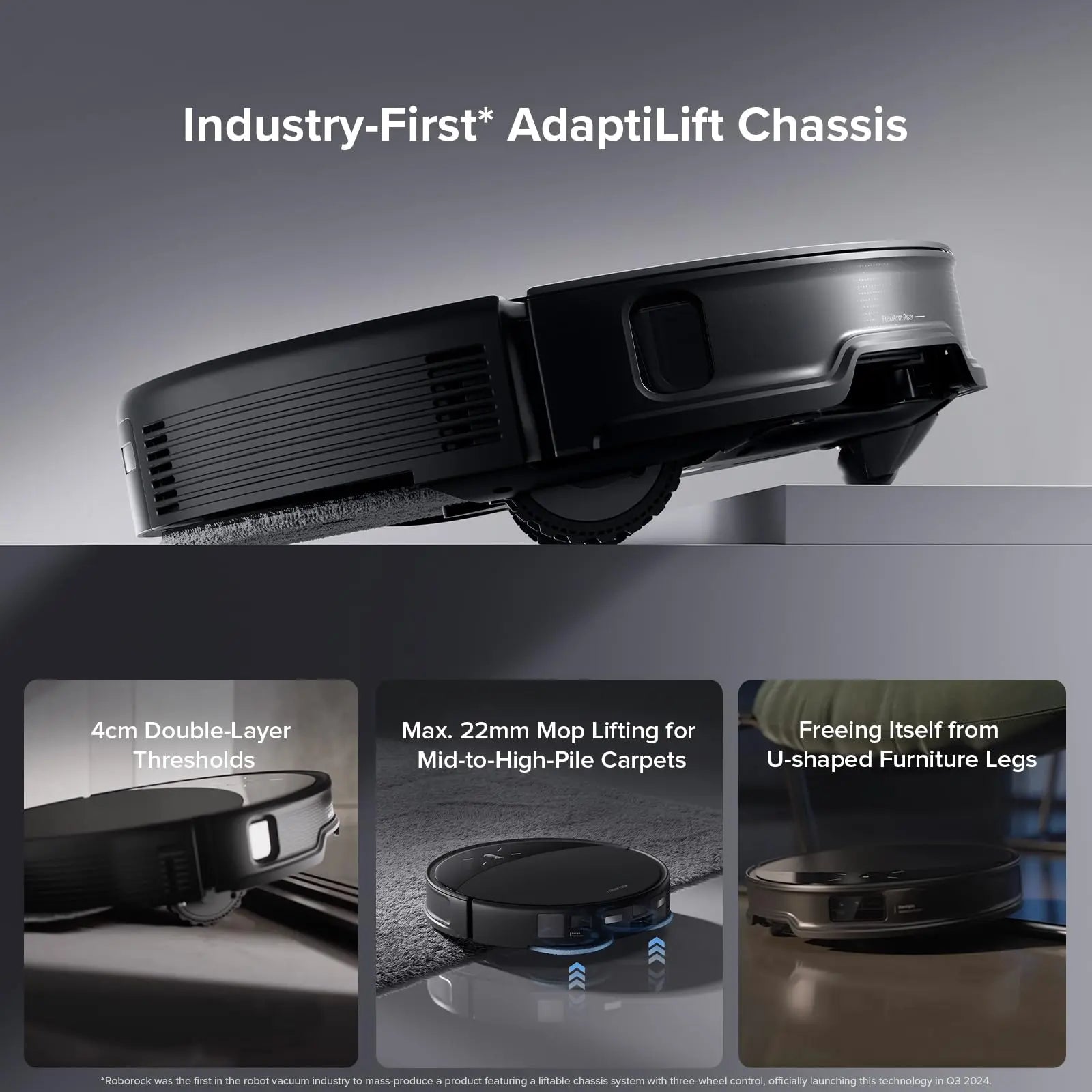 Roborock Saros 10R Robot Vacuum and Mop in black, showcasing ultra-slim design and FlexiArm for corner cleaning.