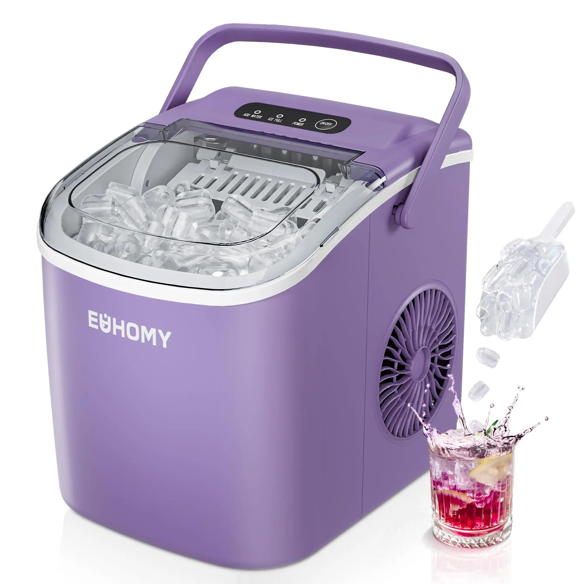 EUHOMY countertop ice maker in black, featuring a handle, basket, and scoop, producing 9 ice cubes in 6 minutes.