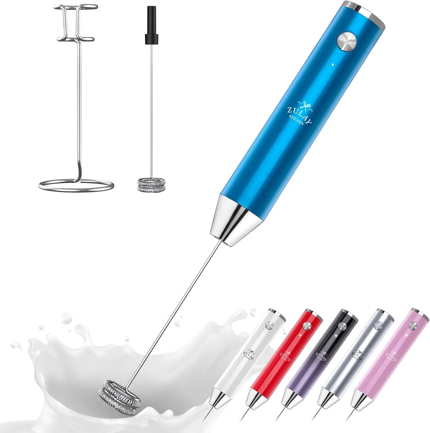 Zulay handheld milk frother in silver, featuring a titanium motor for mixing coffee, lattes, and matcha drinks.