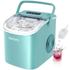 EUHOMY countertop ice maker in black, showing handle, basket, and scoop, producing 9 ice cubes in 6 minutes.