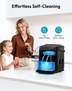 EUHOMY countertop ice maker in black, featuring a handle, basket, and scoop, producing 26 lbs of ice in 24 hours.