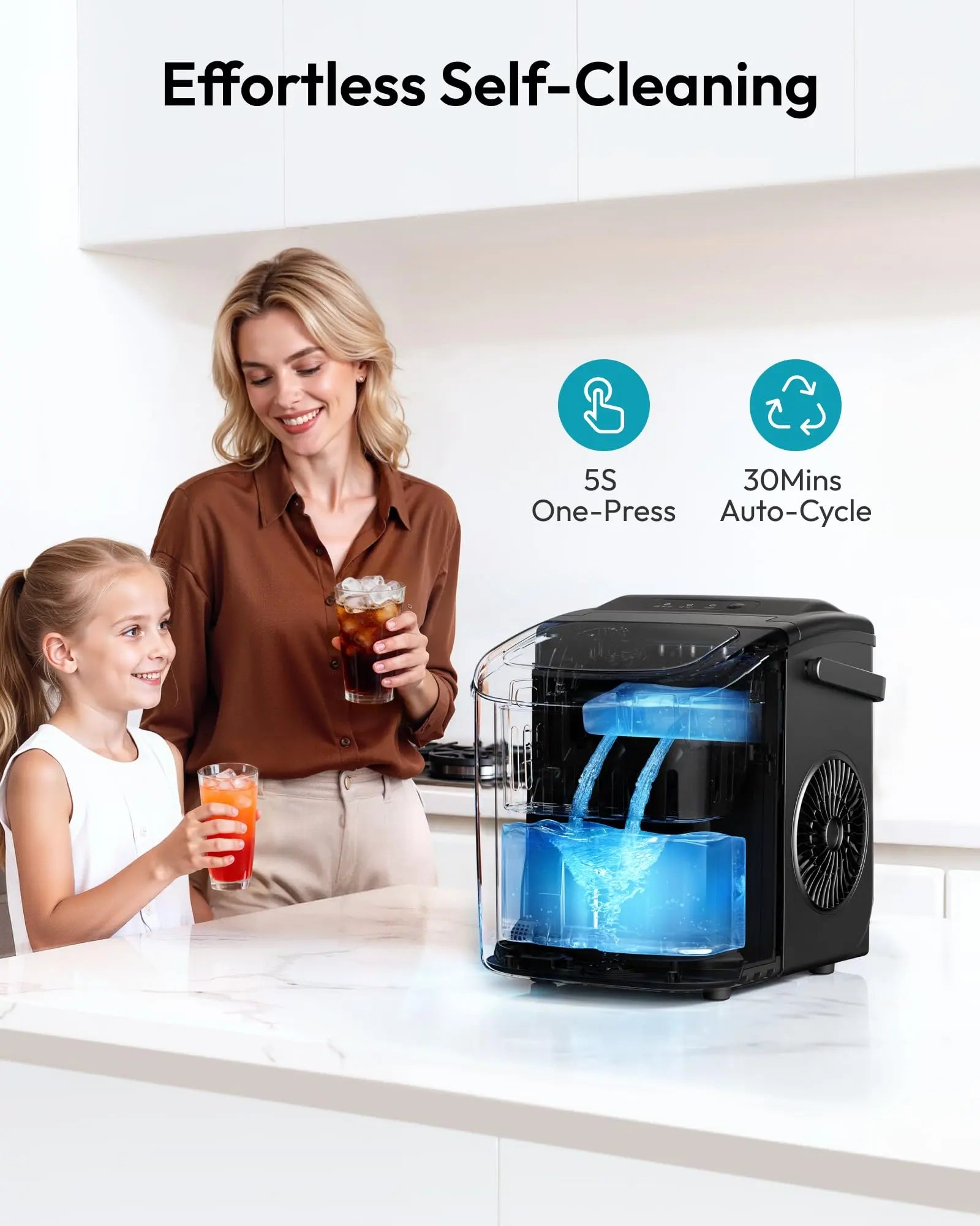 EUHOMY countertop ice maker in black, featuring a handle, basket, and scoop, producing 26 lbs of ice in 24 hours.