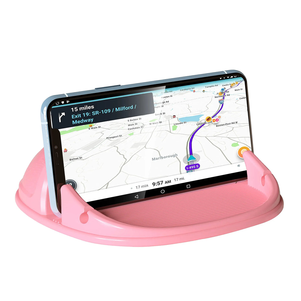 Loncaster black car phone holder on dashboard, designed for smartphones and GPS devices, featuring a slip-free mat.