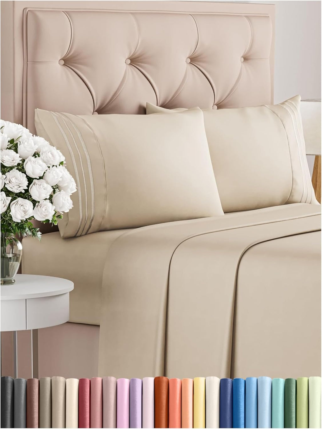 CGK Unlimited queen white 4 piece sheet set with deep pockets, soft, breathable fabric, and wrinkle-free finish.