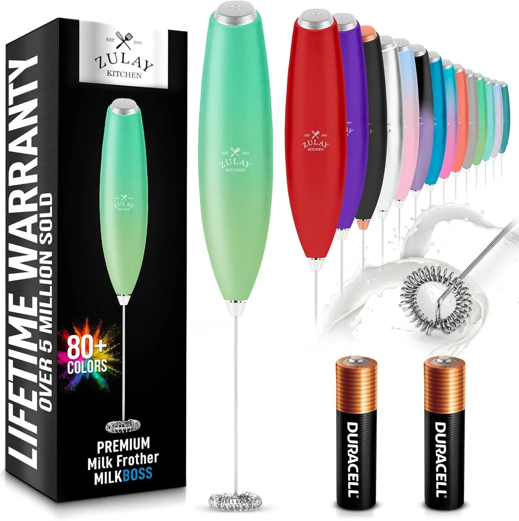 Zulay handheld milk frother in silver, featuring a titanium motor for frothing coffee, lattes, and matcha.