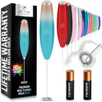 Zulay handheld milk frother with titanium motor, silver finish, ideal for lattes, matcha, and coffee blending.