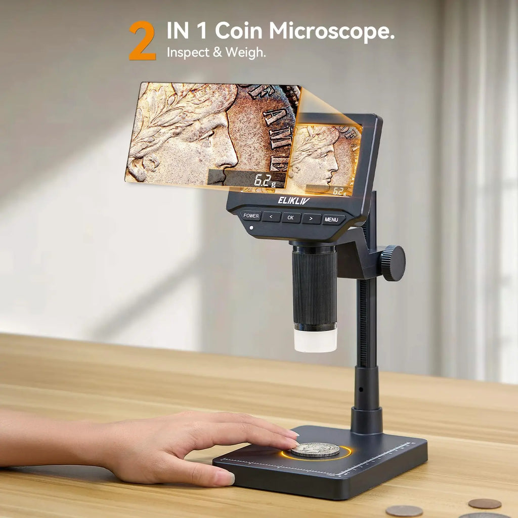 Elikliv LCD digital coin microscope with 1000x magnification and 8 LED lights, featuring a 4.3-inch display.
