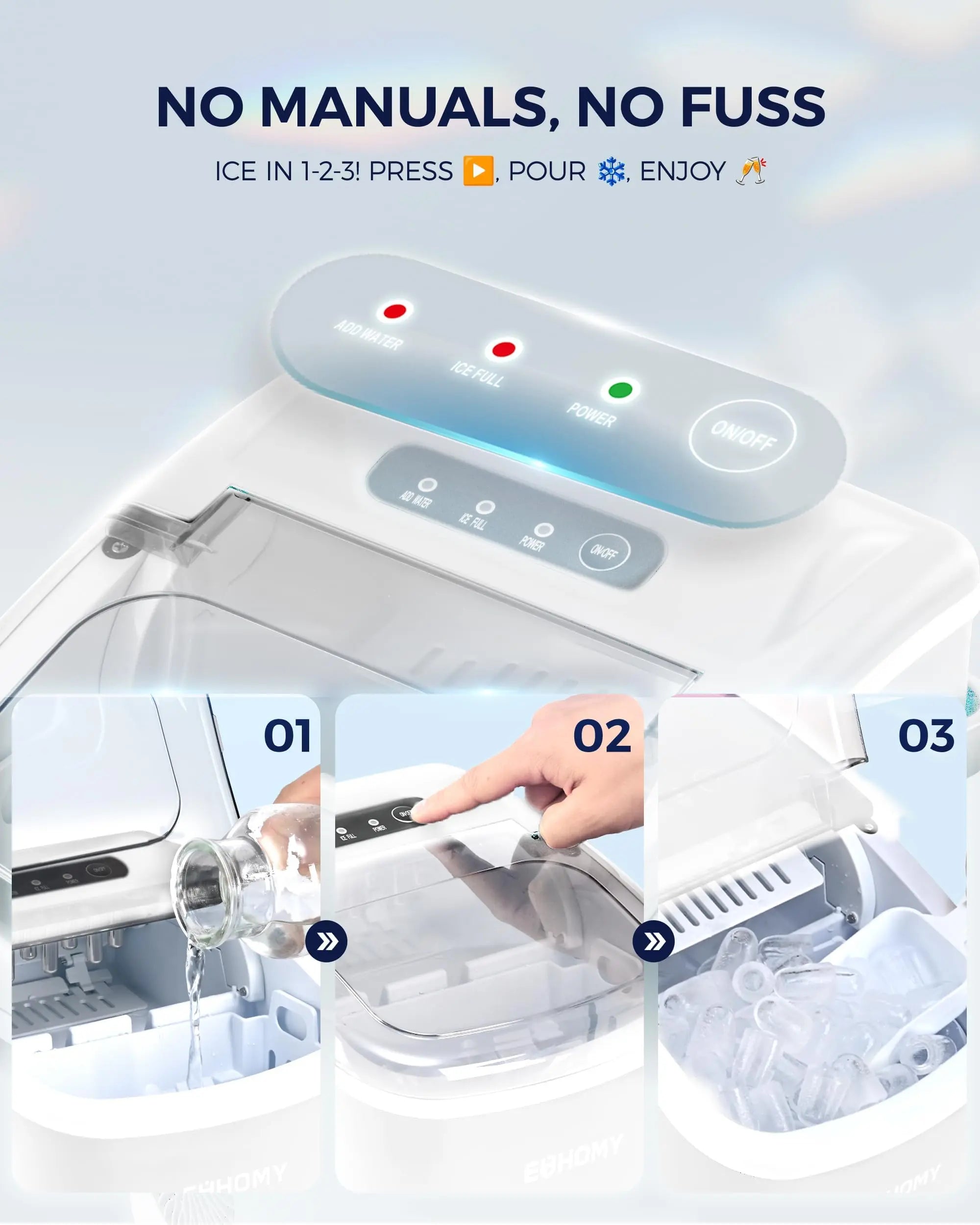 EUHOMY black countertop ice maker machine with handle, producing 26lbs of ice in 24 hours, includes basket and scoop.