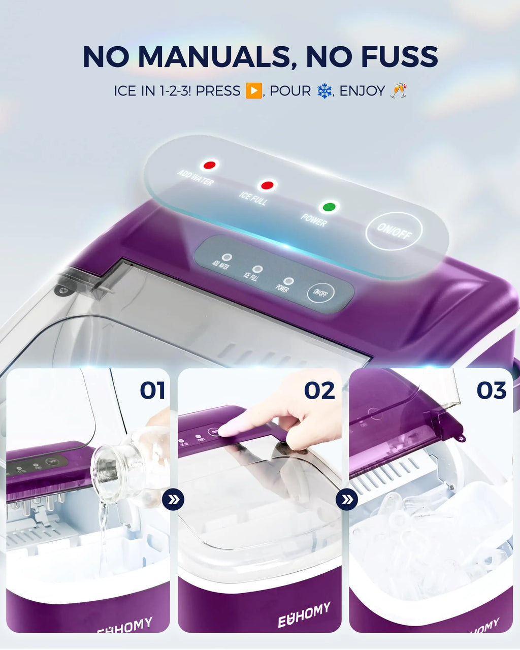 EUHOMY black countertop ice maker machine with handle, basket, and scoop, producing 26lbs of ice in 24 hours.