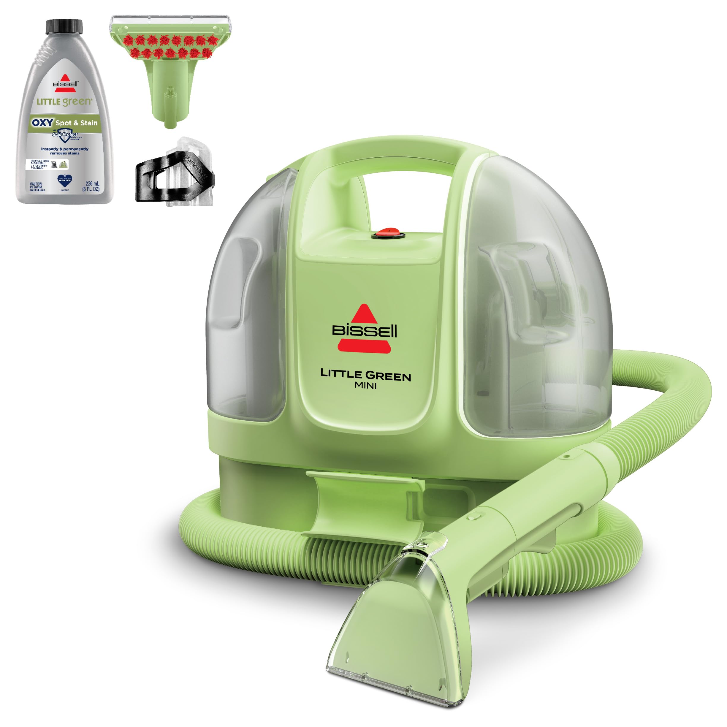 BISSELL Little Green Mini Portable Carpet Cleaner in Tea Green with HydroRinse Tool and Tough Stain Tool for auto detailing.
