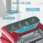 EUHOMY countertop ice maker machine in black, showing handle, basket, and scoop, producing 9 ice cubes in 6 minutes.