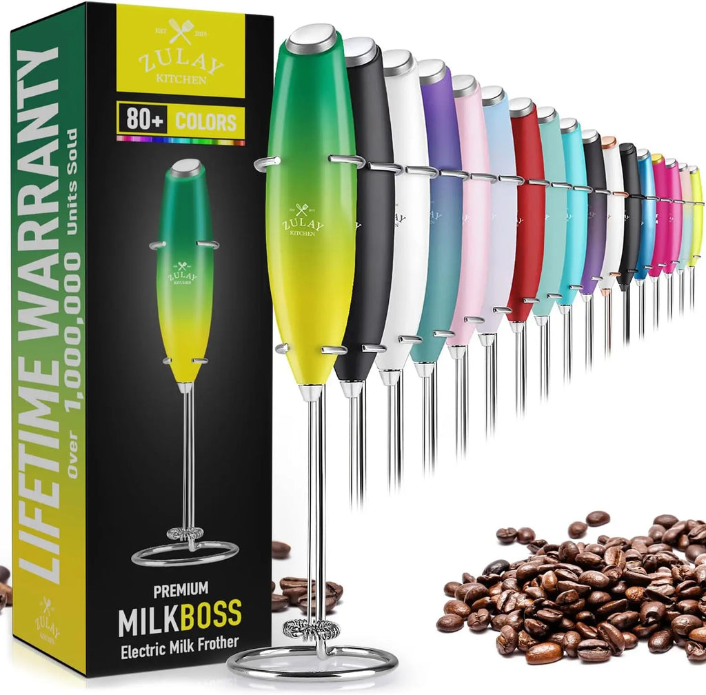 Zulay milk frother in silver, handheld electric whisk with upgraded titanium motor for lattes, matcha, and frappes.
