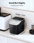 EUHOMY black countertop ice maker machine with handle, producing 26 lbs of ice in 24 hours, shown with basket and scoop.