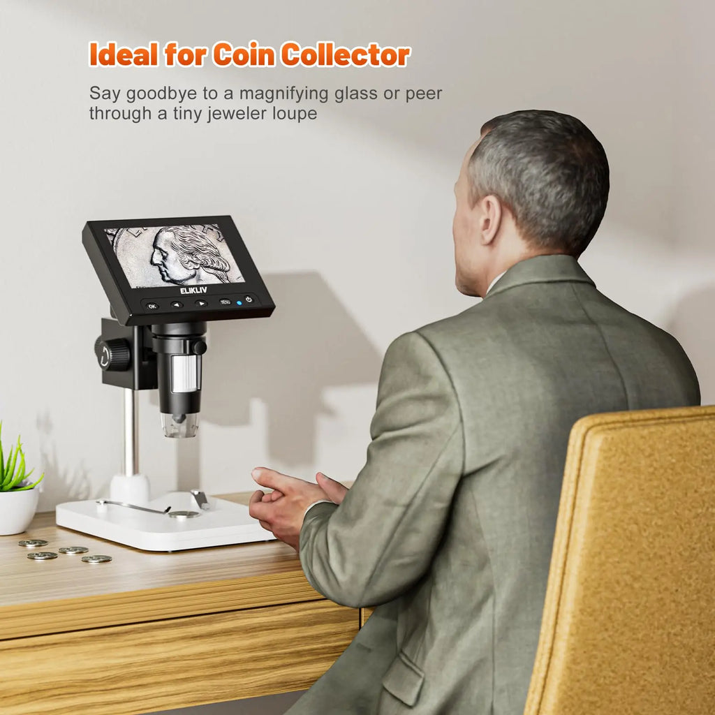 Elikliv LCD digital coin microscope with 1000x magnification and 8 adjustable LED lights, 4.3-inch display.