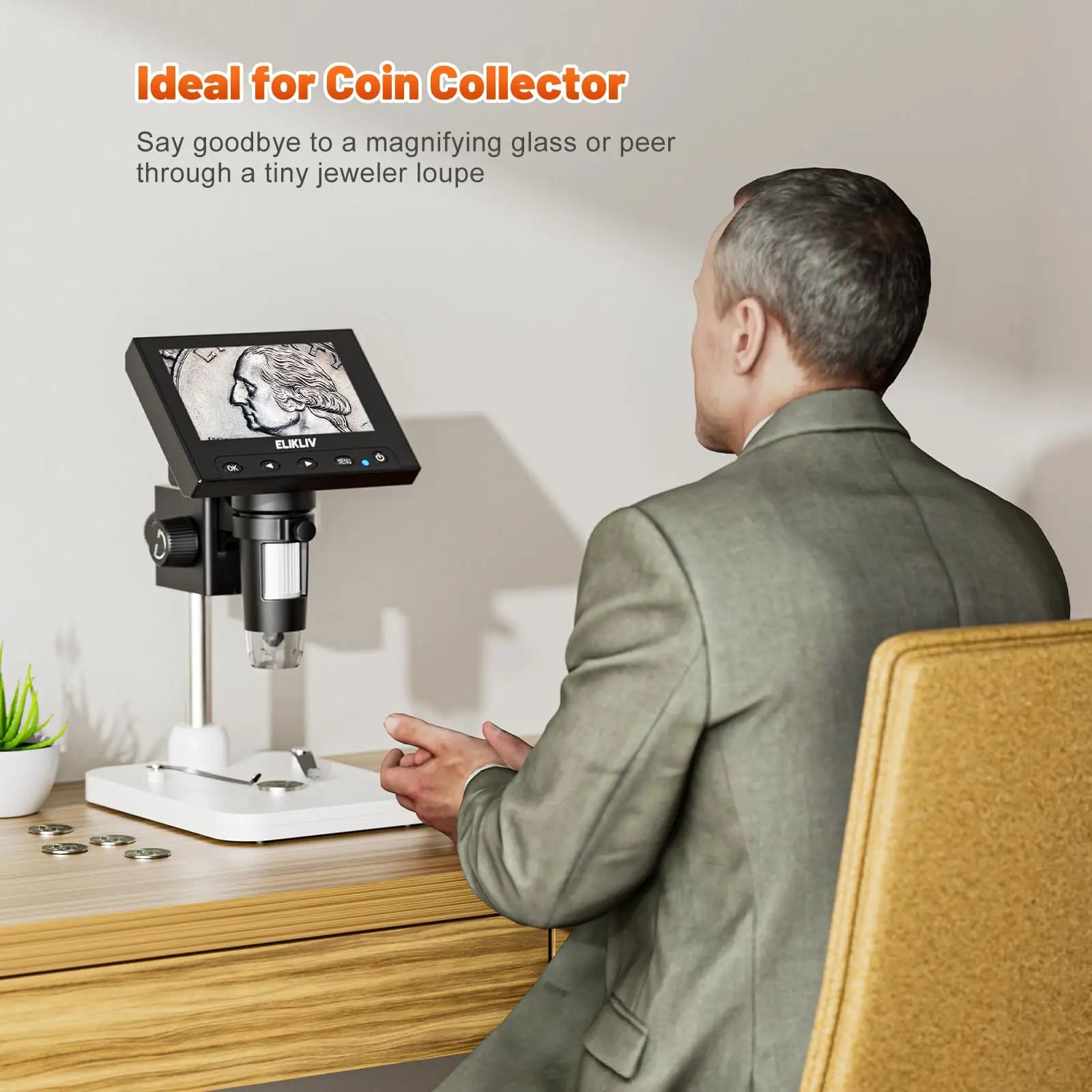 Elikliv LCD digital coin microscope with 1000x magnification and 8 adjustable LED lights, 4.3-inch display.