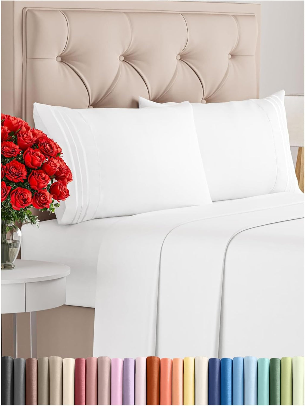 CGK Unlimited white queen sheet set featuring soft, breathable fabric with deep pockets for a luxurious sleep experience.