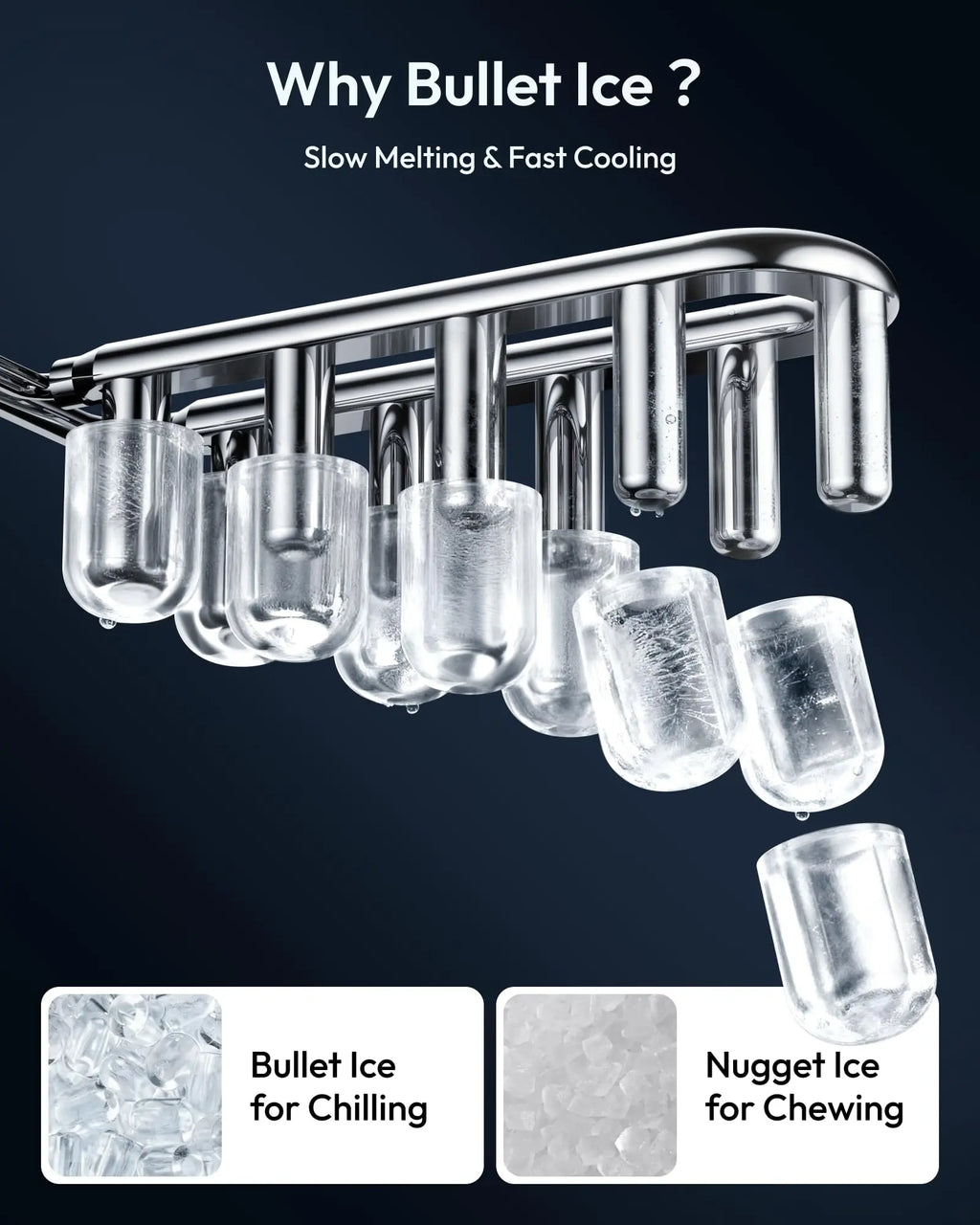 EUHOMY black countertop ice maker machine with handle, producing 26lbs of ice in 24 hours, shown with basket and scoop.