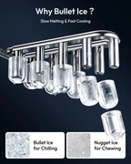 EUHOMY black countertop ice maker machine with handle, producing 26lbs of ice in 24 hours, shown with basket and scoop.