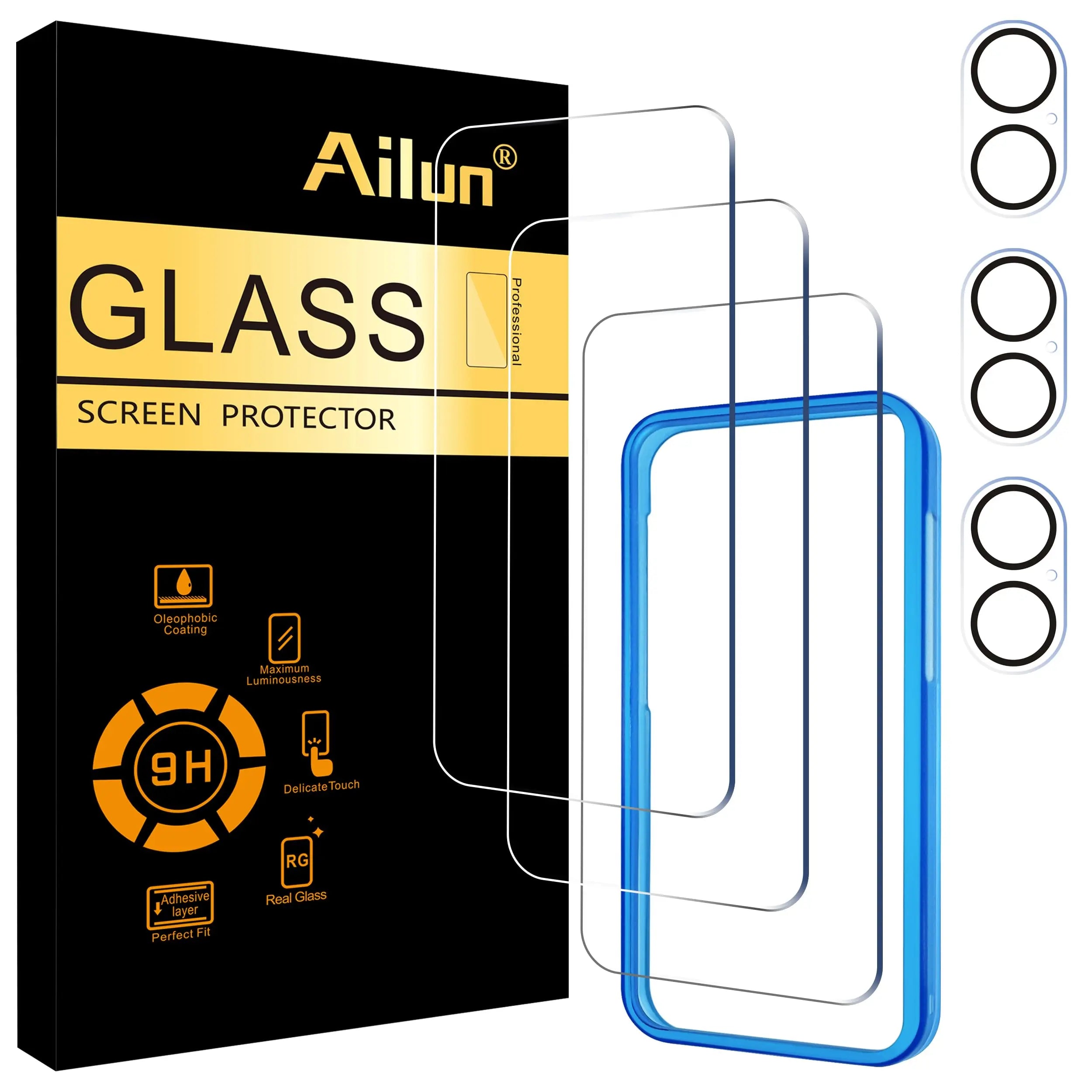 Ailun 3 pack screen protector and camera lens protector for iPhone 17 Pro Max with installation frame, case-friendly design.