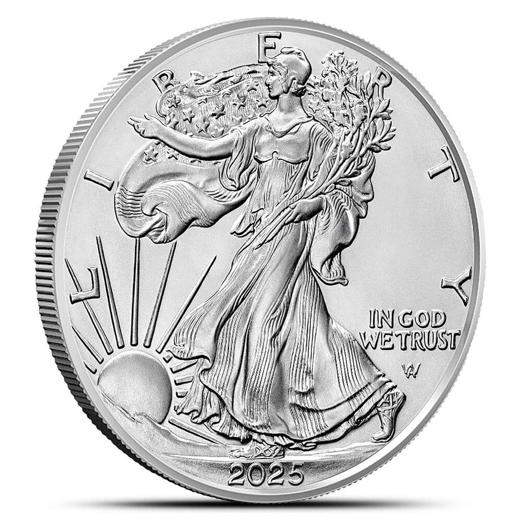 2025 American Silver Eagle coin with .999 fine silver and Smyrnacoin Certificate of Authenticity, uncirculated design.