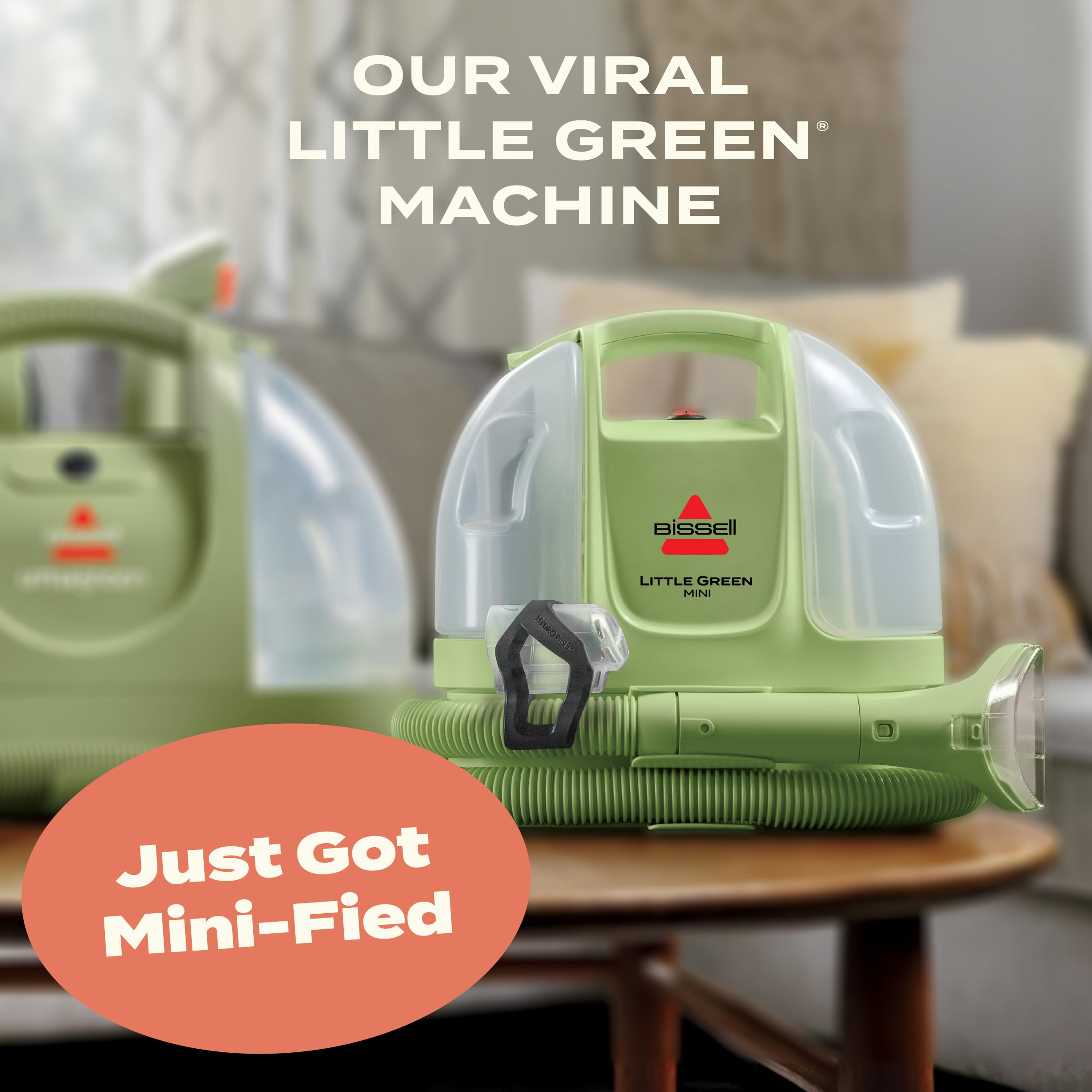 BISSELL Little Green Mini portable carpet cleaner in tea green, featuring HydroRinse tool and 4" tough stain tool.