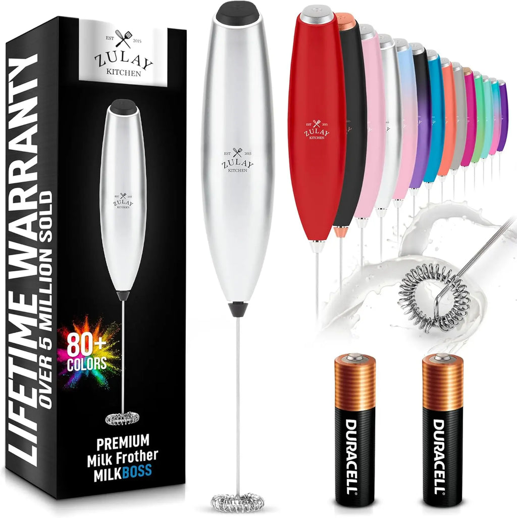 Zulay handheld milk frother in silver, featuring a titanium motor for coffee, latte, and matcha mixing.