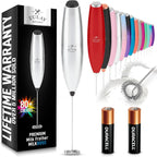Zulay handheld milk frother in silver, featuring a titanium motor for coffee, latte, and matcha mixing.