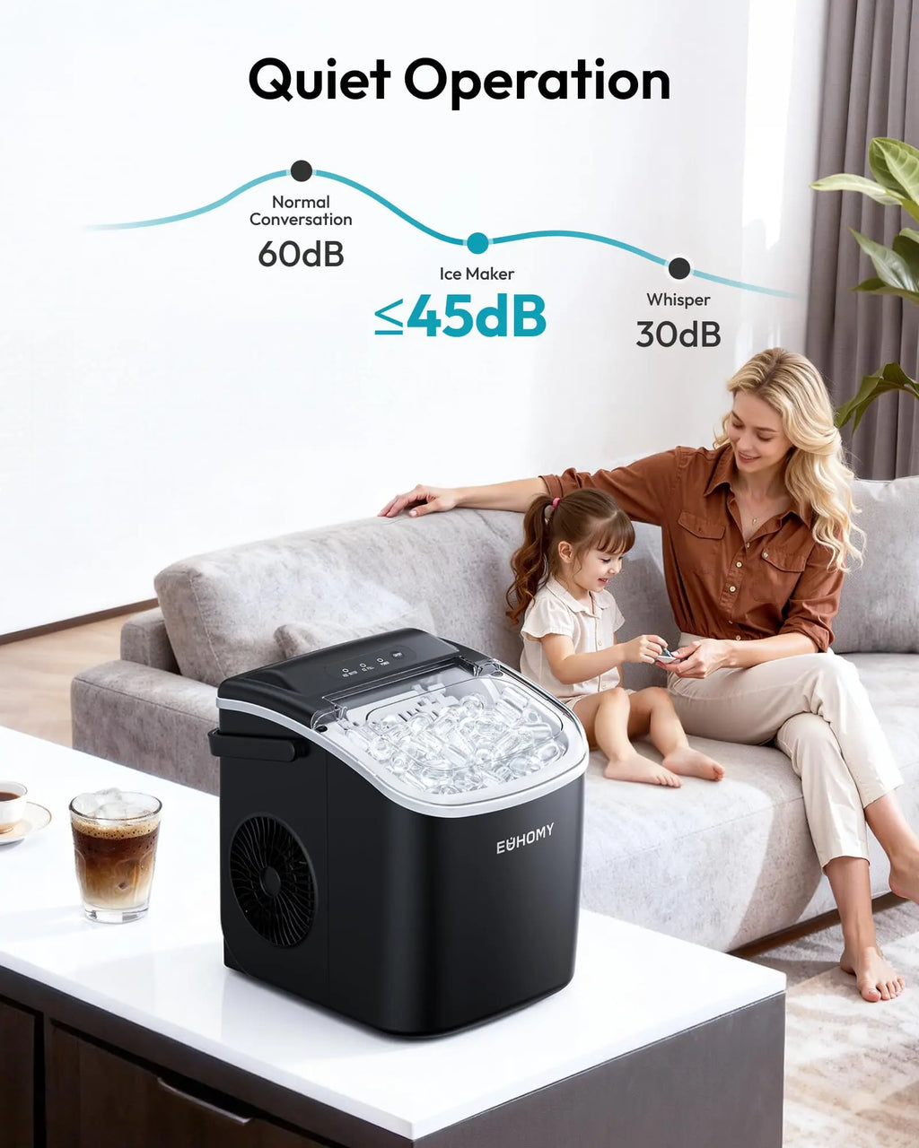 EUHOMY black countertop ice maker machine with handle, producing 26lbs of ice, featuring basket and scoop for easy use.