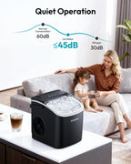 EUHOMY black countertop ice maker machine with handle, producing 26lbs of ice, featuring basket and scoop for easy use.